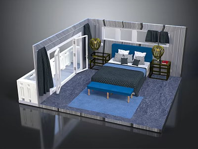 Modern Bedroom Interior With Blue Headboard Pillows Bench Nightstand Lamps Rug And Curtains 3d model