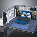 Modern Bedroom Interior With Blue Headboard Pillows Bench Nightstand Lamps Rug And Curtains