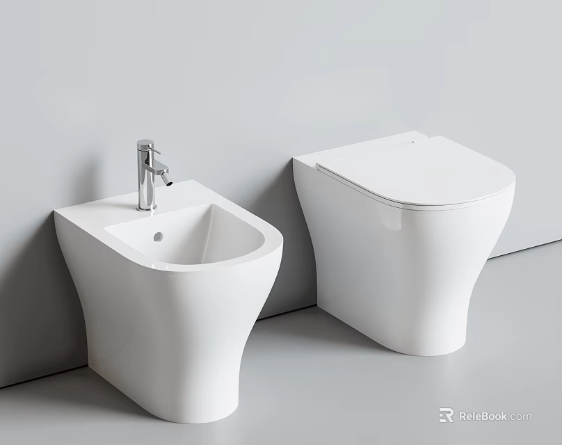 Modern Bathroom Featuring White Toilet and Bidet with Clean Contemporary Design 3d model 