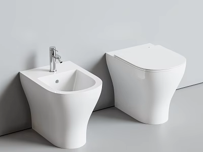 Modern Bathroom Featuring White Toilet and Bidet with Clean Contemporary Design 3d model