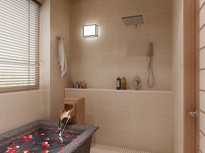 SPA Sauna Bathroom With Cozy Bathtub Rose Petals Showerhead Towel And Bath Products 3d model