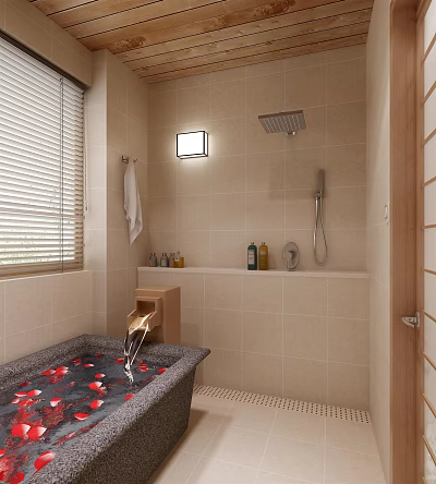 SPA Sauna Bathroom With Cozy Bathtub Rose Petals Showerhead Towel And Bath Products 3d model