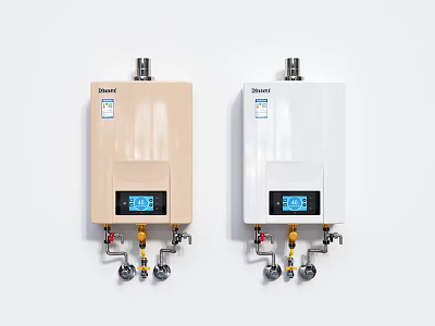 Rinnai Household Water Heaters With Digital Display Beige And White Design And Pipes Valves 3d model