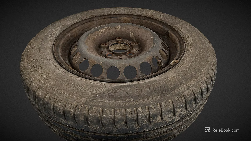 Old Worn Car Tire With Rim Featuring Round Holes And Dusty Tread Details 3d model 