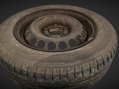Old Worn Car Tire With Rim Featuring Round Holes And Dusty Tread Details 3d model