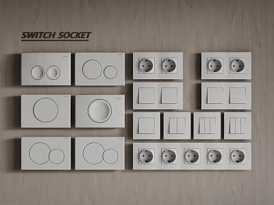 Switch Panels And Sockets With Various Designs On Wooden Wall 3d model