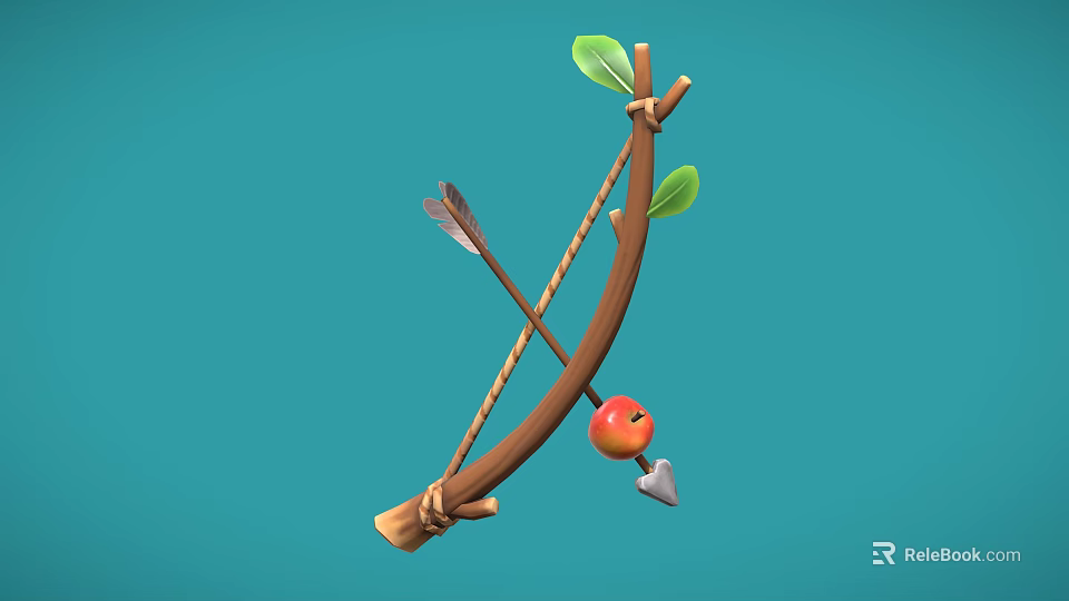 Handmade Wooden Bow With Arrow Piercing Red Apple And Green Leaves Design 3d model 