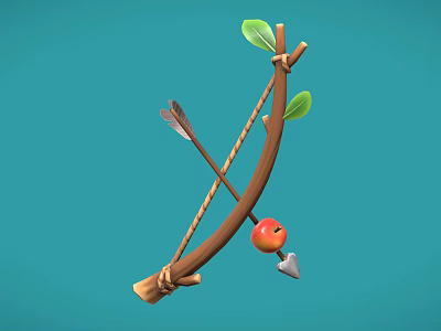 Handmade Wooden Bow With Arrow Piercing Red Apple And Green Leaves Design 3d model