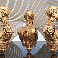 Three Golden Robotic Humanoid Busts With Intricate Mechanical Design In Spiral Background