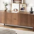 Wooden TV Stand with Vertical Striped Design and Decorative Vase Books Lamp Photo Frame