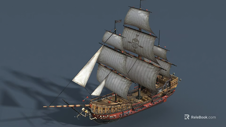 Vintage Wooden Pirate Ship With White Sails And Red Brown Hull 3d model 