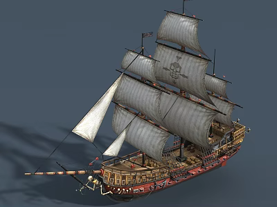 Vintage Wooden Pirate Ship With White Sails And Red Brown Hull 3d model