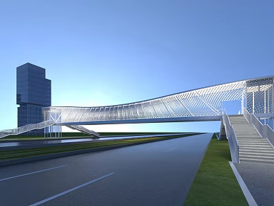 Sleek Modern Landscape Bridge Design In Urban Environment With Tall Building Road And Grassland 3d model