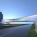 Sleek Modern Landscape Bridge Design In Urban Environment With Tall Building Road And Grassland