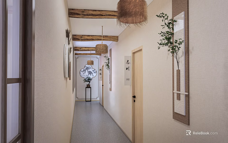 Minimalist Office Hallway With Wooden Beams Woven Rattan Lights And Decorative Paintings 3d model 
