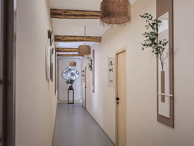 Minimalist Office Hallway With Wooden Beams Woven Rattan Lights And Decorative Paintings 3d model