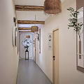 Minimalist Office Hallway With Wooden Beams Woven Rattan Lights And Decorative Paintings