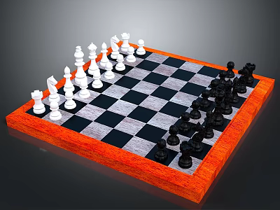 Classic Chessboard With Black White Squares And Orange Frame With Chess Pieces 3d model