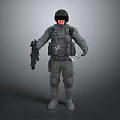 Game and Movie Tactical Soldier Character in Military Gear With Helmet and Rifle Standing Pose