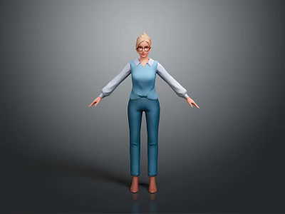 Child 3D Character Model Standing with Arms Outstretched in Blue Outfit White Sleeves and Glasses 3d model