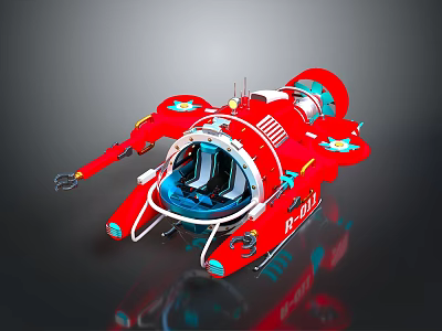 Advanced Red Water Vehicle with Transparent Cockpit Mechanical Arm and F001 Model 3d model