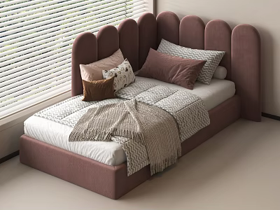 Pastel Purple Kids Bed with Scalloped Headboard Pillows and Plaid Blanket by Window Blinds 3d model