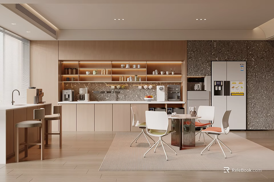 Modern Staff Pantry Interior With Wooden Cabinets Coffee Machine And Table Chairs 3d model 