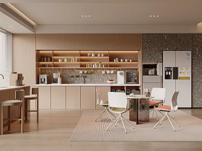 Modern Staff Pantry Interior With Wooden Cabinets Coffee Machine And Table Chairs 3d model