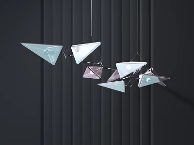 Modern Multiple Triangle Glass Chandelier With Transparent Pink Elements Hanging On Dark Wall 3d model