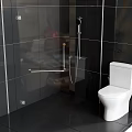 Modern Bathroom Interior With White Toilet Black Tiled Walls And Shower Fixtures