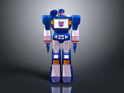 Blue Robot Character 3D Render With White Orange Accents And Chest Emblem Design 3d model