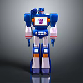 Blue Robot Character 3D Render With White Orange Accents And Chest Emblem Design