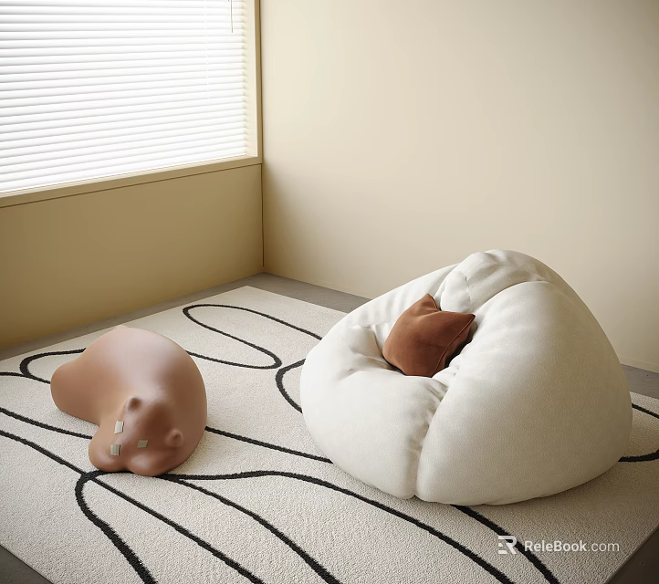 Beige and Light Brown Bean Bag Chairs with Cushion on Black White Line Rug 3d model 