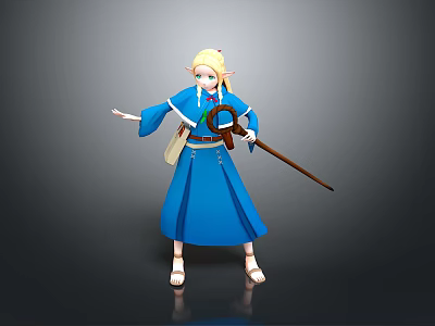 Blonde Woman Wearing Blue Robe Holding Brown Staff Posing Against Gray Background Magically 3d model