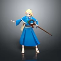Blonde Woman Wearing Blue Robe Holding Brown Staff Posing Against Gray Background Magically