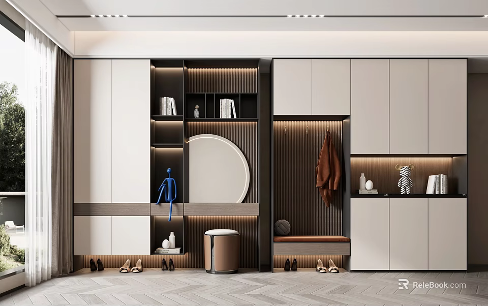 Modern Entryway Shoe Cabinet With Mirror Clothing Rack Storage Compartments And Shoes 3d model 