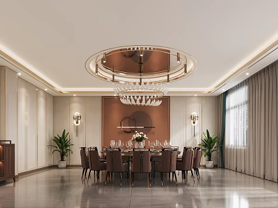 Luxurious Private Dining Room With Crystal Chandelier And Plants 3d model
