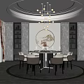 Elegant Restaurant Interior With Round Dining Table Chandelier Circular Wall Art And Shelving Cabinets