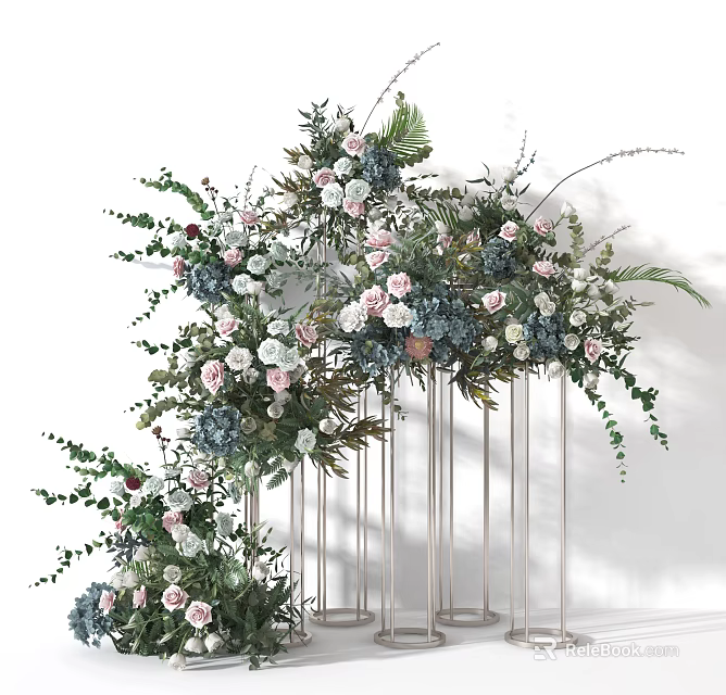Elegant Vase Flowers with Pink Blue White Roses Hydrangea Green Leaves Metal Stand 3d model 