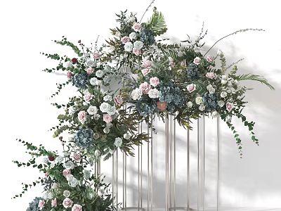 Elegant Vase Flowers with Pink Blue White Roses Hydrangea Green Leaves Metal Stand 3d model