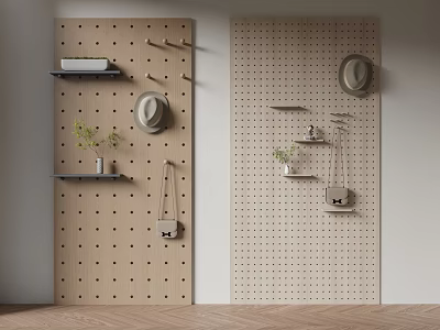 Pegboard Wall Decor Minimalist Design With Hats Shelves Small Plants And Hanging Bags 3d model