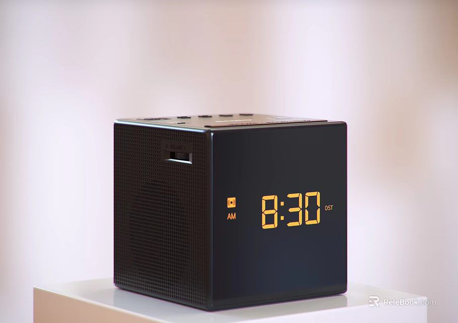 Black Square Alarm Clock With Digital Display 830 Time On White Tabletop Against Light Background 3d model 