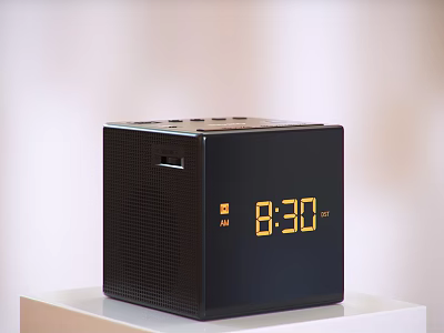 Black Square Alarm Clock With Digital Display 830 Time On White Tabletop Against Light Background 3d model
