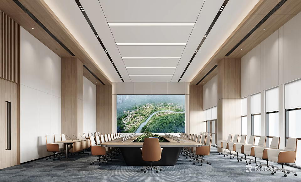 Spacious Modern Conference Room Interior With Long Table Large Screen And Comfortable Chairs 3d model