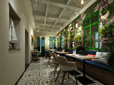 Cozy Restaurant Interior Featuring Green Windows Floral Decor Wooden Tables Chairs And Patterned Floor Tiles 3d model