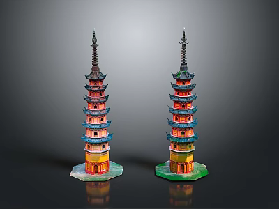 Twin Traditional Chinese Pagodas With Colorful Multi tiered Structure And Spire Tops 3d model