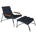 Navy Blue Upholstered Lounge Chair With Wooden Armrests Metal Frame And Ottoman