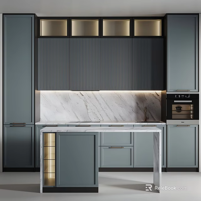 Modern Dark Gray Kitchen Cabinets With Marble Countertop Built-in Oven And Ribbed Wall Lighting 3d model 