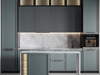 Modern Dark Gray Kitchen Cabinets With Marble Countertop Built-in Oven And Ribbed Wall Lighting 3d model