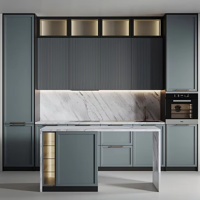 Modern Dark Gray Kitchen Cabinets With Marble Countertop Built-in Oven And Ribbed Wall Lighting 3d model